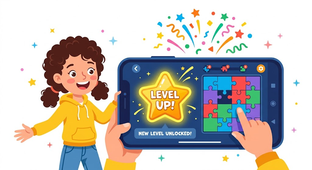 A new Brain Test level unlocking with a glowing star and fresh puzzle pieces