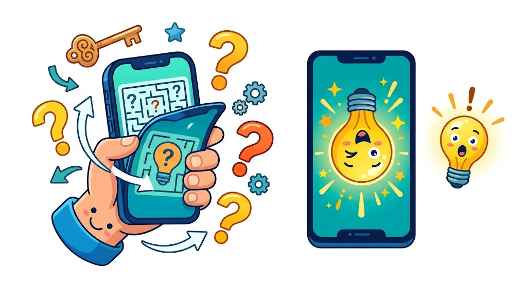 A hand flipping the phone upside down to reveal the trick answer